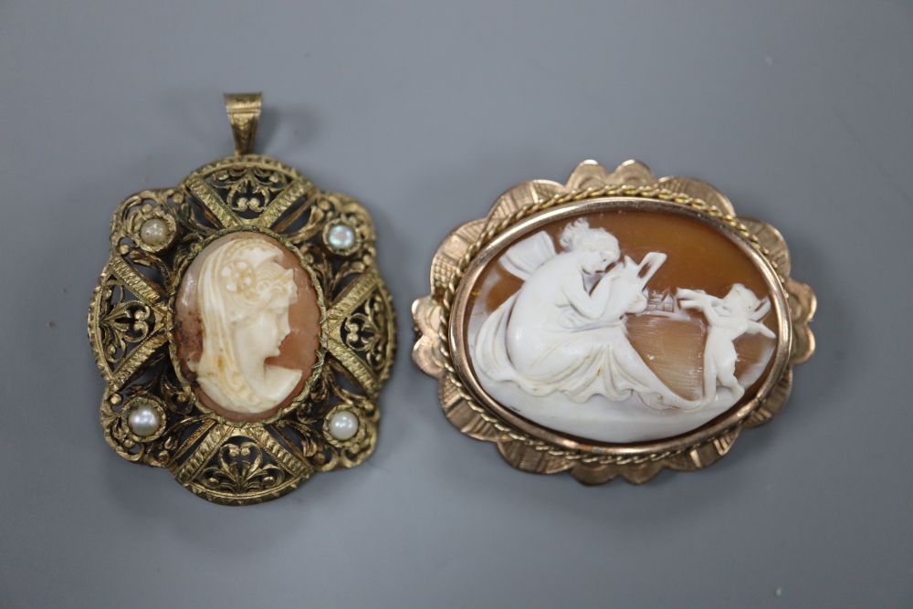 A 9ct mounted oval cameo shell, 4mm, gross 12 grams and one other gilt metal mounted cameo.